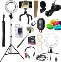 Kit Acessórios Para Youtuber Tripé Profissional Celular Câmera Microfone Lapela Luz Iluminador Ring Light + Bluetooth Kit Acessórios Para Youtuber Tripé Profissional Celular Câmera Microfone Lapela Luz Iluminador Ring Light + Bluetooth