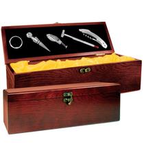 Kit Acessórios Vinho Abridor Saca Rolhas em Inox Caixa estojo madeira 6 Peças Premium
