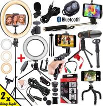 Kit Acessórios Youtuber Completo 15x1 Tripé Microfone Lapela Celular Anel Luz Ring Light Estabilizador Gravação De Vídeo