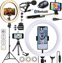 Kit Acessórios Youtuber Tripé Pedestal Suporte de Celular Universal Luz Ring Light Led Anel Bastão Selfie Gravação Vídeo