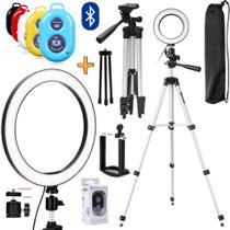 Kit Acessórios Youtuber Tripé Profissional + Iluminador Led Anel Ring Light + Controle Bluetooth Celular Smartphone