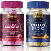 Kit Acido Hialurônico Colágeno Hidrolisado Vitaminas C E e Biotina + Cellus Redux New com Acido Clorogênico Prolina e Vitamina C Cápsulas Mastigáveis - DailyLife