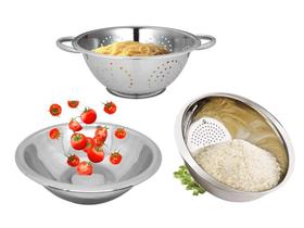 Kit Aço Inox 3 peças Escorredor de Macarrão, Arroz e Saladeira 24cm - Mundial Import