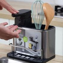 Kit Aço Inox Dispenser Porta Detergente Esponja Utensílios