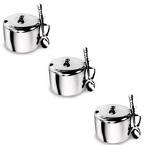 Kit Açucareiro Aço Inox Metálico Com Alça Tampa E Colher Kehome 300ml Prata Para Cozinha - 3 Peças