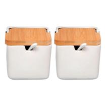 Kit Açucareiro e Saleiro em porcelana, com tampa de bambu e colher AG5242