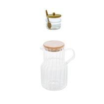 Kit Açucareiro + Jarra 1 Litro Vidro E Bambu