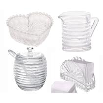 Kit Açucareiro Leiteira Petisqueira Porta Guardanapos Vidro Colméia 4 Peças