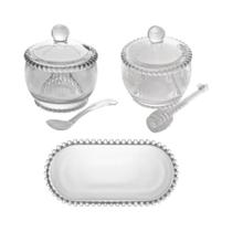 Kit Açucareiro, Meleira e Travessa Perolas em Cristal 3 Peças