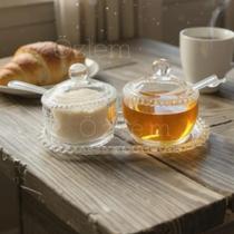 Kit Açucareiro Meleira Vidro Bandeja Mel Açucar Wolff Pearl