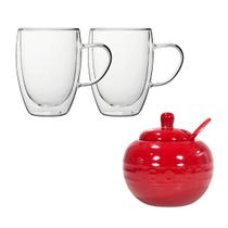 Kit Açucareiro Porcelana + 2 Canecas Parede Dupla Café Vidro