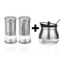 Kit Açucareiro Saleiro Pimenteiro Elegante Porta Açúcar Com Colher Inox Vidro Resistente Durável