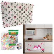 Kit Adesivos Coruja Rosa C073 + 3 Toalhas de Geladeira Panda