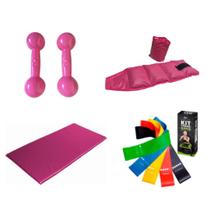 Kit Aeróbico Em Casa Halter Peso 3 Kg + Caneleira 3 Kg + Colchonete + Kit Theraband