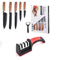 Kit Afiador de Facas e Amolador de Tesoura + Conjunto de Facas 6pcs C/ Descascador Chef Presente