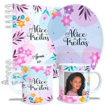 Kit Agenda + Caneca + Mouse Pad Ergonômico Personalizado Modelo Floral Lilás