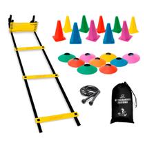 Kit Agilidade Treino Futebol Fucional 10 Chapeu Chines + 10 Cone Liso + 1 Escada + 1 Corda + 1 Mochila Treino Em Casa Corrida Habilidade - Natural Fitness