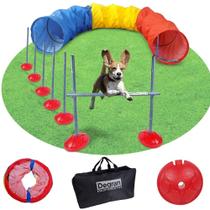 Kit Agility com túnel de 3m x 50cm, 5 Zig zag, Salto e bolsa, ideal para Adestramento e Recreação
