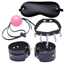 Kit Algemas Bracelete Com Coleira Venda Tapa Olho E Mordaça Bola - Dominatrixxx