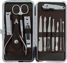 Kit Alicates Aço Pedicure Manicure Com 12 Pcs Estojo Cores Cor:Marrom