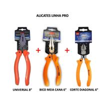 Kit Alicates Universal 8" Corte 6" Bico Meia Cana 6" 3 Pçs