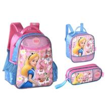 Kit Alice no Pais das Maravilhas Mochila Costas Lancheira e Estojo