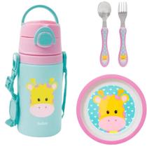 Kit Alimentação Animal FUN Girafa Buba Prato, Talher e Garrafinha de Aluminio Passeio Papinha Escola