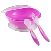 Kit Alimentação Bebê 3 Peças Prato Infantil Colherzinha Garfo Rosa