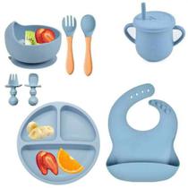 Kit Alimentação Bebê 8 Peças De Silicone Introdução Alimentar Infantil Babador Copo Talheres 011 - NEHC