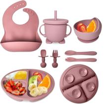 Kit Alimentação Bebê 8 Peças De Silicone Introdução Alimentar Infantil Babador Copo Talheres 011