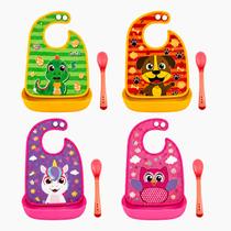 Kit Alimentação Bebê Babador E Colher Silicone Estampa:Cachorro Kit Alimentação Bebê Babador E Colher Silicone Estampa:Cachorro