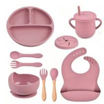 Kit Alimentação Bebê, Babador, Tigela, Copo Colher Silicone - Rosa