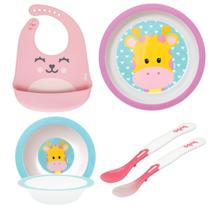 Kit Alimentacao Bebe com Pratinho Bowl Girafa Babador e 2 Colheres Rosa Buba