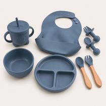Kit Alimentação Bebê Introdução Alimentar Infantil Silicone Ventosa Azul Aço
