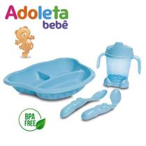 Kit alimentação bebe pratos com divisória copo e colheres azul adoleta bebê