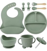 Kit Alimentação Bebê Silicone Prático E Seguro 8 Peças Verde-musgo