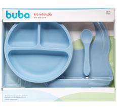 Kit Alimentaçao Bebe Silicone Prato Babador Colher Cor Azul Buba