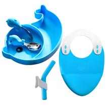 Kit Alimentação Bebê Silicone Talher Prato Babador Golfinho Kit Alimentação Bebê Silicone Talher Prato Babador Golfinho