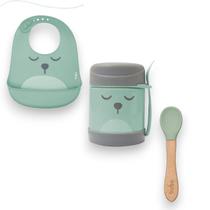 Kit alimentacao colher bambu com pote termico e babador introdução alimentar infantil bebe versátil