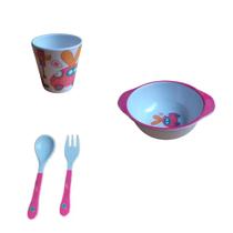 Kit Alimentação Infantil Criança 4 peças Copo Bowl Talheres Rosa