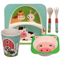 Kit Alimentação Infantil Fibra de Bambu Criança Bebê Prato Copo Talheres Bowl (Fazendinha)