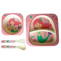 Kit alimentação infantil pequena sereia com 4 peças fibra de bambu.