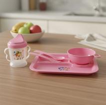 Kit Alimentação Infantil Prato Com Divisórias Para Papinha Bebê Pratinho Jogo C/ 5 Pçs Alimentação Colher Garfo Prato Garrafa E Tigela Cor Rosa