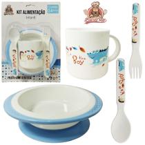 Kit alimentacao / papinha prato com ventosa + caneca e talher de plastico azul bons cheff