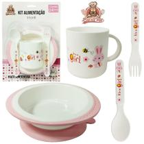 Kit alimentacao / papinha prato com ventosa + caneca e talher de plastico rosa bons cheff