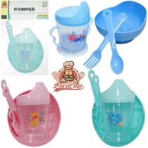 Kit alimentacao / papinha tigela + copo baby e colher / garfo estampas sortidas colors bons cheff