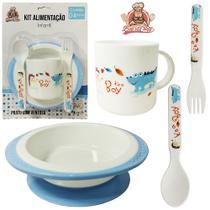 Kit alimentacao papinha urso azul com pote colher e tampa hermetica vedacao borracha 240ml