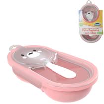 Kit alimentacao / papinha urso rosa com pote + colher e tampa hermetica vedacao borracha 240ml