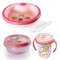 Kit Alimentação Refeição Infantil Bebê Prato Copo Pote Papinha Bichos Meninas Rosa