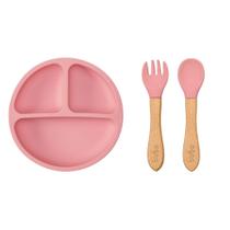 Kit Alimentação Silicone Buba 2pçs Pratinho Talher Em Silicone e Bambu Bebe Introdução Rosa